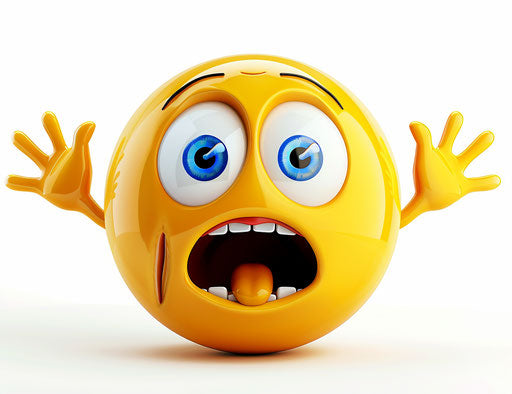 Scared emoji clipart, cute yellow face with open mouth and blue eyes with hands up in the air on white background