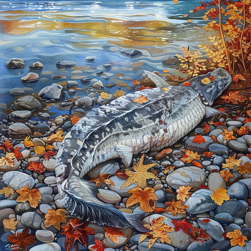 Ancient white sturgeon by riverbank, surrounded by pebbles and leaves, autumn colors