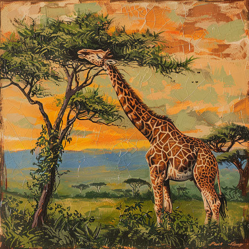 A giraffe reaching for the highest leaves of an acacia tree