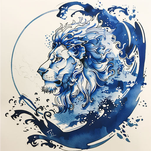 Minimalist flat style tattoo sketch inspired by Japanese wave art of Lion of Judah, with deep blues and whites