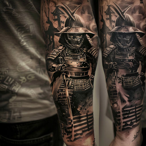 Men's forearm tattoo with a samurai warrior, in the style of Adrian Smith