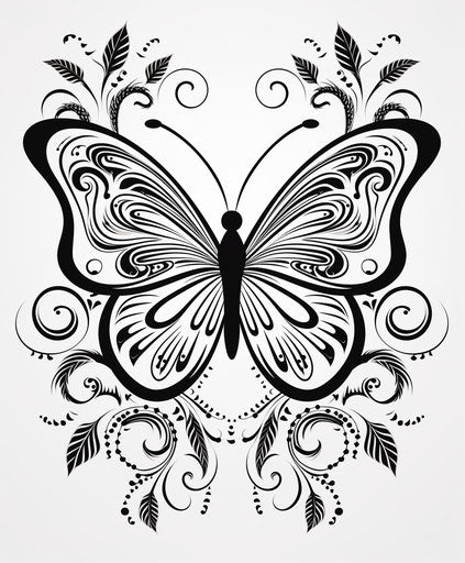 Butterfly wings and vines in black and white, clean and simple designs, lovely, playful use of line