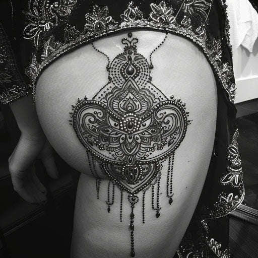 Intricate thigh henna tattoo in the style of Guy Aitchison