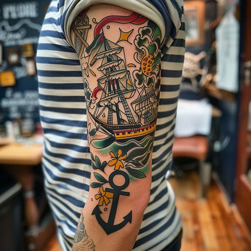 Classic nautical-themed half sleeve tattoo design