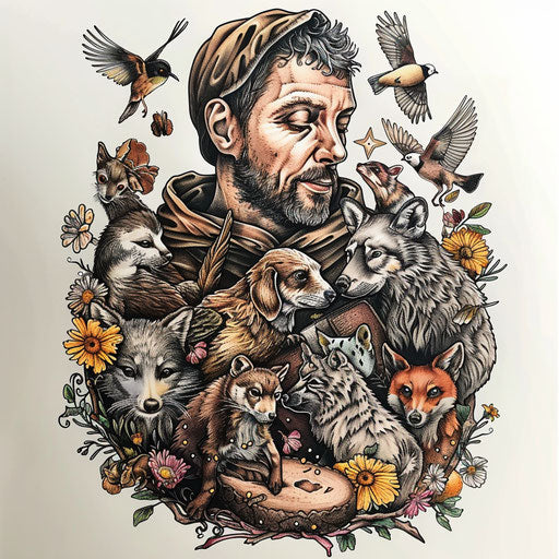 Saint Francis of Assisi surrounded by animals in colorful tattoo
