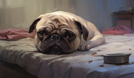 Pug dog on stained bed, 32k uhd style, maroon and light beige