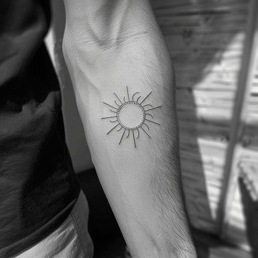 Minimalist sun fine line tattoo in the style of David Palumbo