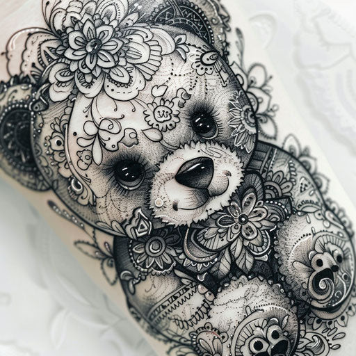 Teddy bear tattoo with lace pattern in monochrome style