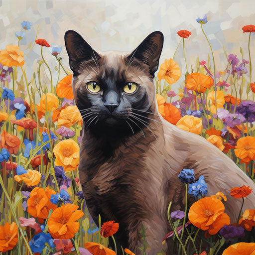 Burmese cat in a field of flowers