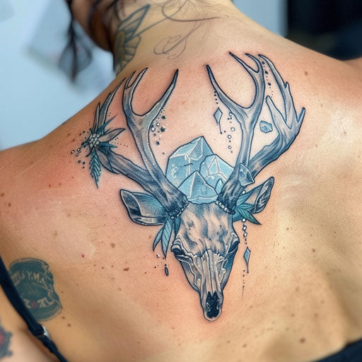 Frost-themed deer skull tattoo with ice crystals and light blues, cool and serene, on white