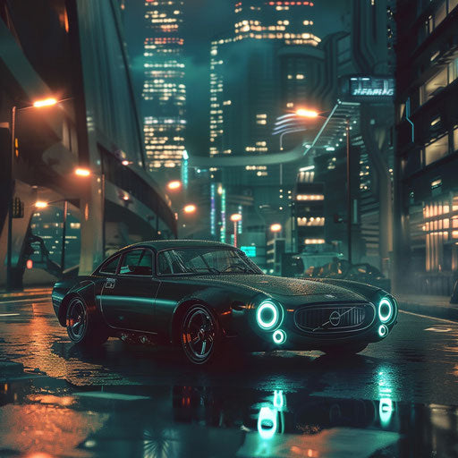 Cyberpunk 1966 Volvo P1800, neon lights underglow, parked in futuristic cityscape at night