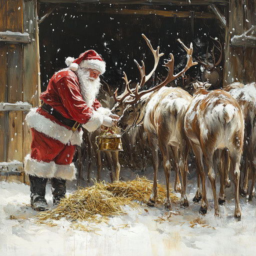 Santa feeding reindeer in a snowy barn