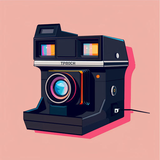 Polaroid camera clipart in a photo realistic style with a flat random background