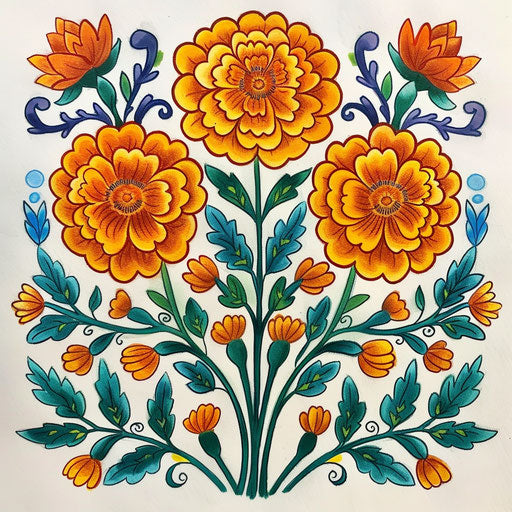 Folk art tattoo sketch of marigolds with traditional patterns and vibrant colors, celebrating October birth flowers