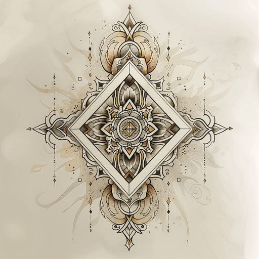 Elegant flat tattoo sketch of a rune with an intricate mandala design in soft earth tones