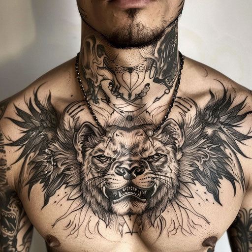 Men's chest tattoo with fierce animal designs, Ami James style