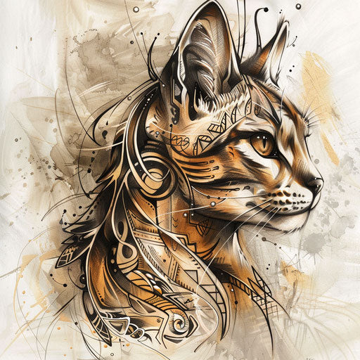 Mystical tattoo sketch of a cat with tribal markings