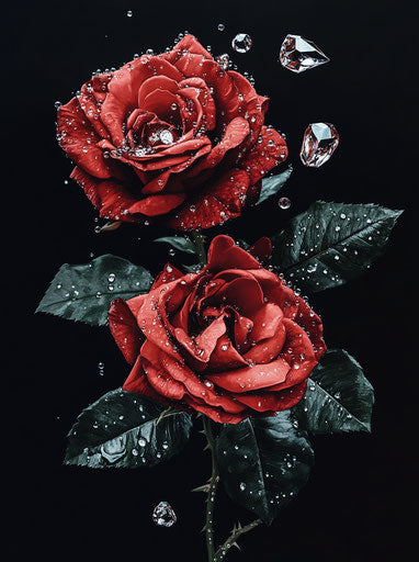 Triple red roses with crystal drops on black background