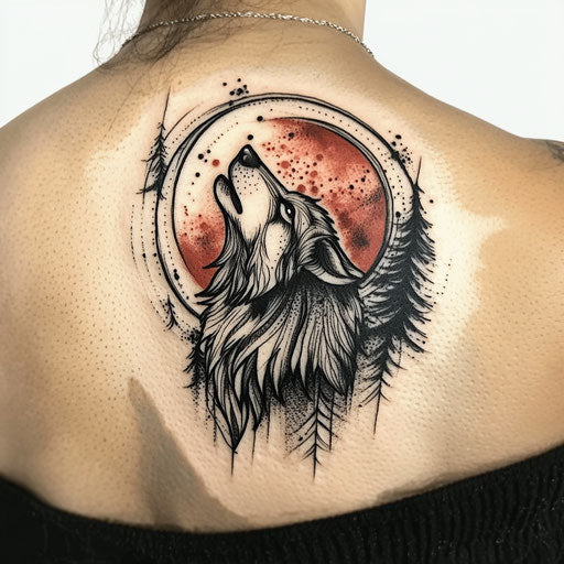 Shoulder tattoo of a howling wolf at the moon