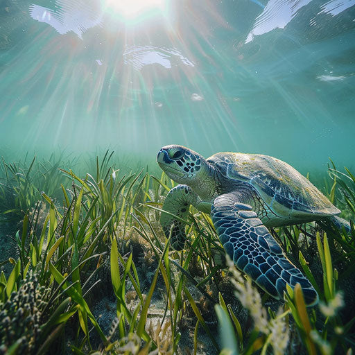 An olive ridley sea turtle navigating through seagrass