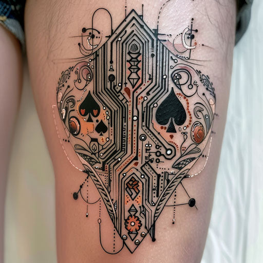 Futuristic queen of spades tattoo with integrated digital circuit patterns