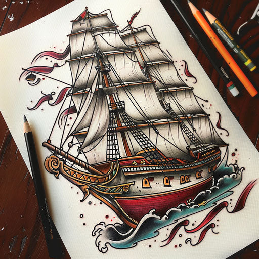 Vintage sailor tattoo of a fully rigged ship, old school colors