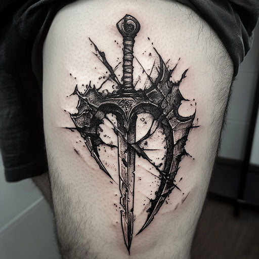 Dark tattoos with medieval weapons, Adrian Smith style