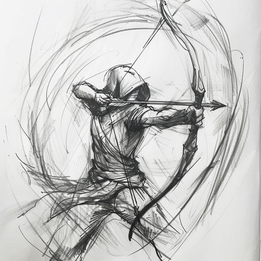 Sketch of a bow and arrow tattoo in dynamic action
