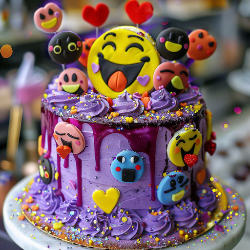 Purple cake with purple frosting and yellow smiley face