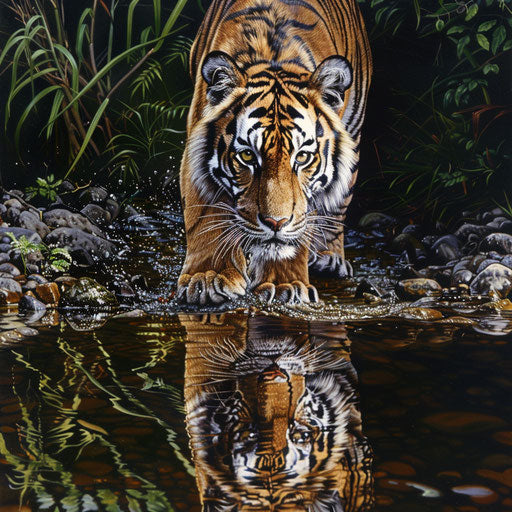 Sumatran tiger crossing a shallow stream