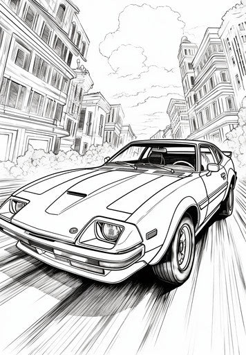 Coloring page of a car with open driver's door, comic art style, exotic, gutai, distinctive noses, outrun, nikon s2, dynamic and action-packed
