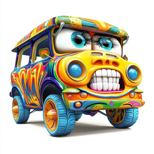 Humorous toy car caricature with human characteristics