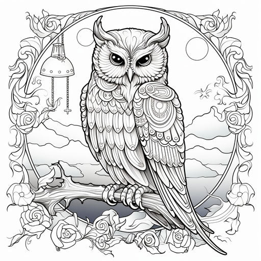 Owl on the crescent coloring page, stylized animal motifs