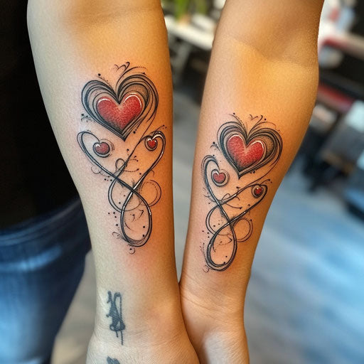Mom and daughter tattoos with matching hearts and infinity symbols