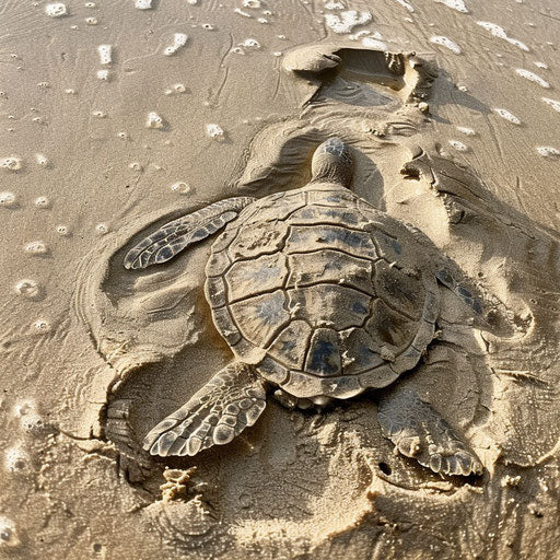 The turtle with a shell shaped like a pirate's treasure map on a sandy beach