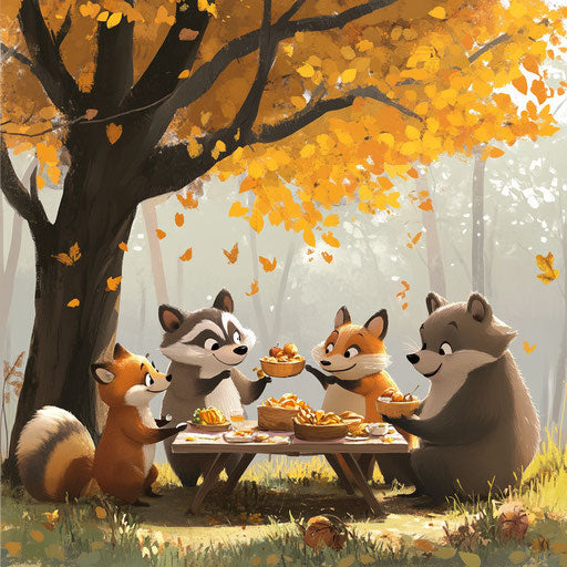 Thanksgiving feast with cartoon animals