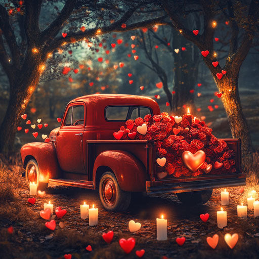 Vintage red truck filled with roses and heart-shaped balloons