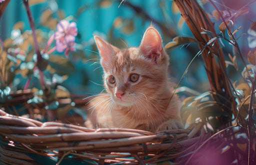 Orange kitten sitting in a basket in the spring garden