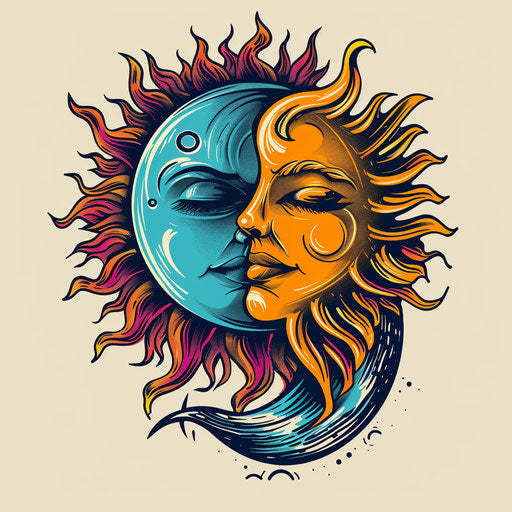 Flat tattoo sketch of intertwined sun and moon