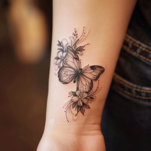 Sketch of graceful butterfly with floral elements for wrist coverup tattoo for women