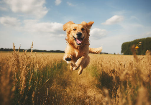 Golden retriever dog jumping with closed eyes in the meadow