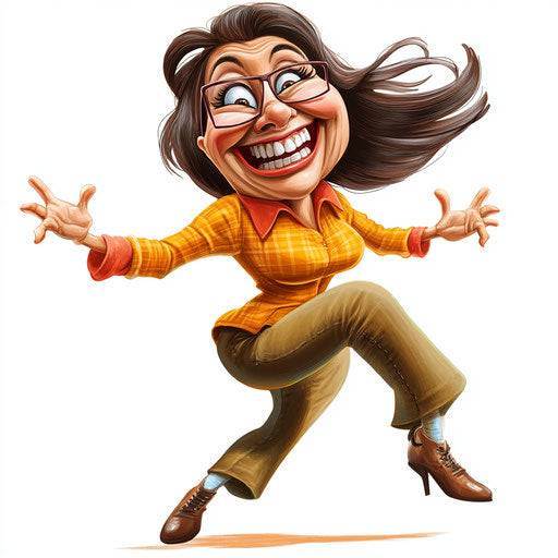 Humorous caricature of a teacher teaching caricature clipart with human characteristics, exaggerated prominent chin, big feet, dancing, vibrant colors, cartoon style, laughing, high resolution, no background, isolated