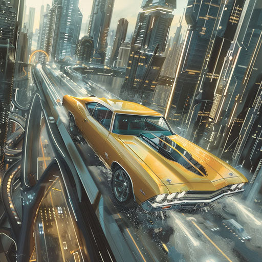 1969 Chevrolet Chevelle SS converted to futuristic electric drivetrain in modern metropolis