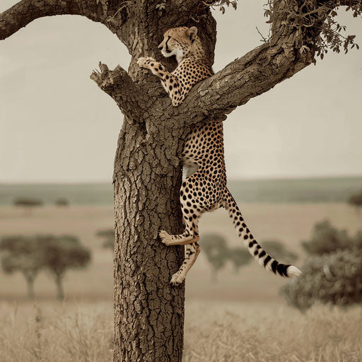 A cheetah climbing a tree, showcasing its versatility.