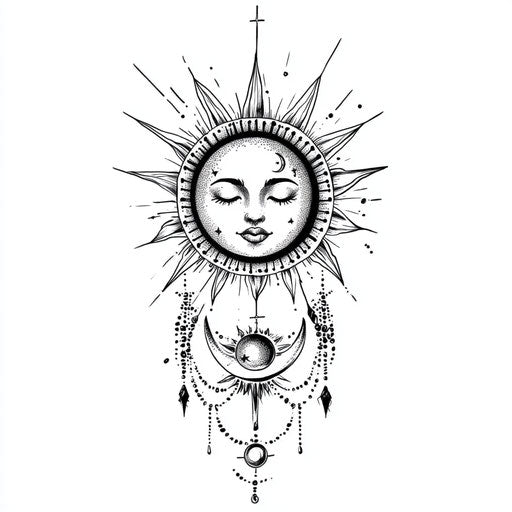 Sketch of a beautiful celestial sun and moon combined inner thigh tattoo