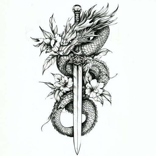 Inner bicep tattoo for men with dragon and sword