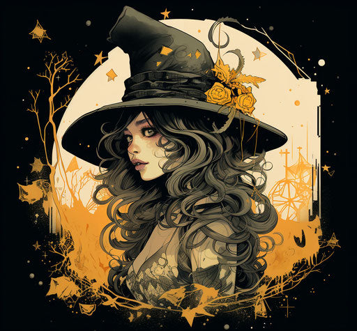 Witch tattoo design, dark beige and gold