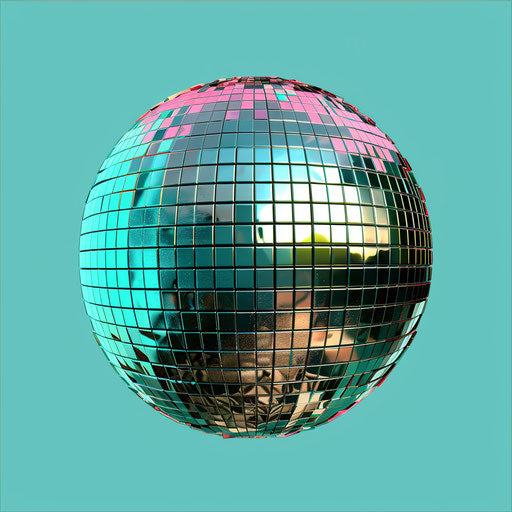 Realistic disco ball clipart on flat teal background