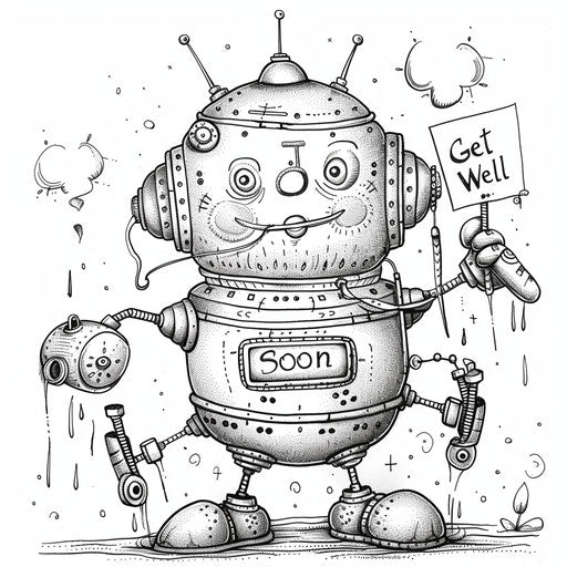 Whimsical robot delivering a "Get Well Soon" card with mechanical arms