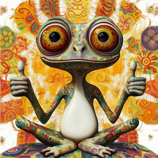 Humorous caricature of an om clipart with human characteristics, exaggerated big eyes, toes feet, colorful backdrop, vibrant colors, cartoon style, thumbs up, high resolution, isolated